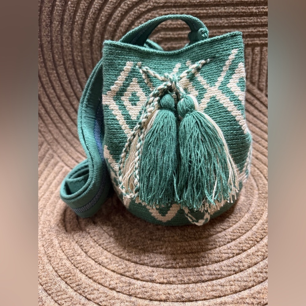 Handmade Bohemian Wayuu Green Small Patterned Women's Woven Boho Bag